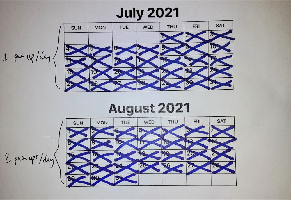 a calendar chain for a pushup habit, building up very slowly