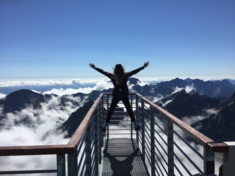 Someone enjoying a mountain-top vista from a lookout