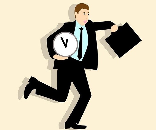 a cartoon business man running and looking frantically at his watch