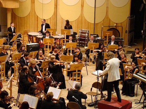 An orchestra being conducted