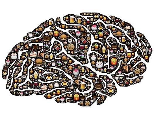 a cartoon brain filled with images of junk food