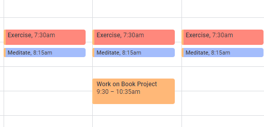 Google calendar showing appointments with yourself for habits and work