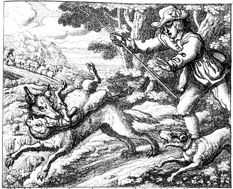 Black and white illustration of “The Boy Who Cried Wolf”