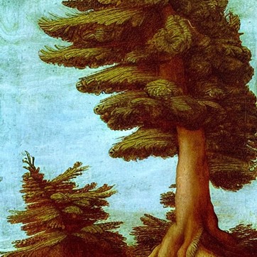 A painting of fir trees being blown about in the wind