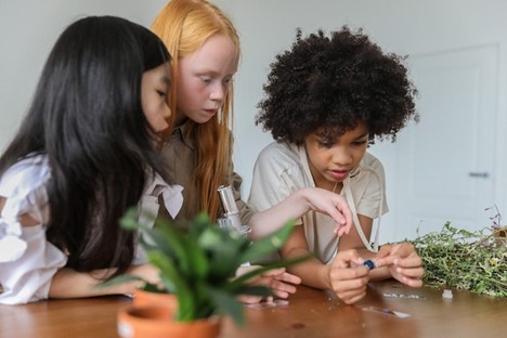 three young girls looking at plants using a microscope