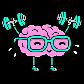 A cartoon brain lifting weights