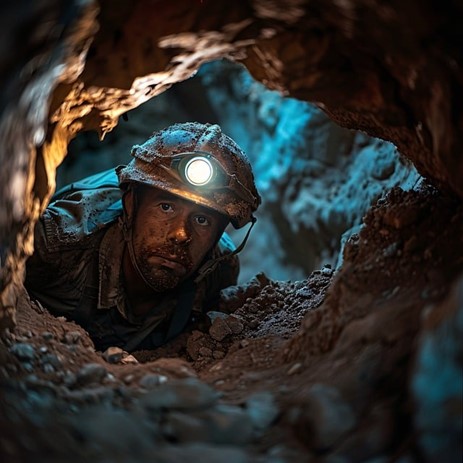 a miner with a headlamp on looking down an narrow tunnel