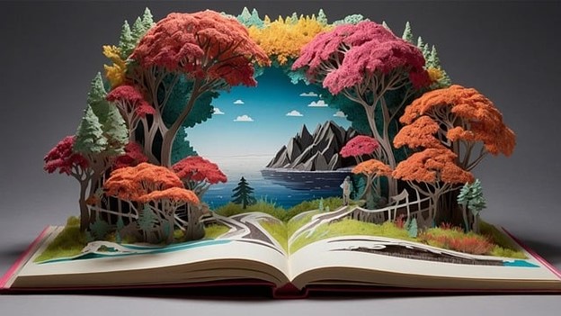 A book open with a 3D popup of trees and a coastline