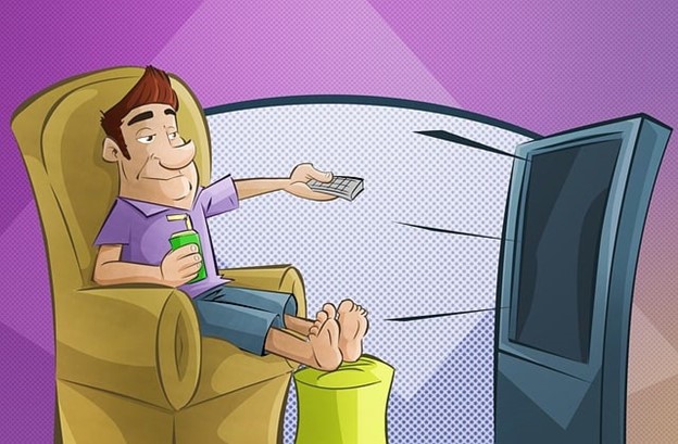 A cartoon man lazily sitting and watching TV, soda in hand