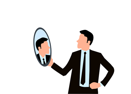 A cartoon man looking at himself in the mirror