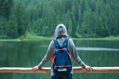 a lone hiker staring out at a lake