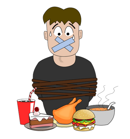 a cartoon dieter trying to resist junk food