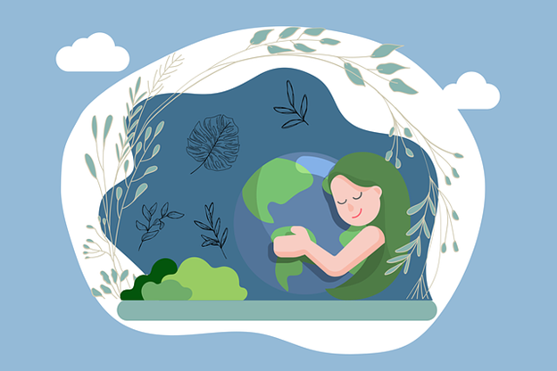 A cartoon image of a woman embracing the world