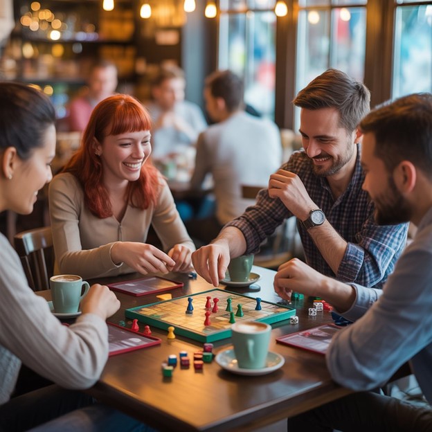 a table of happy people at a board game meetup