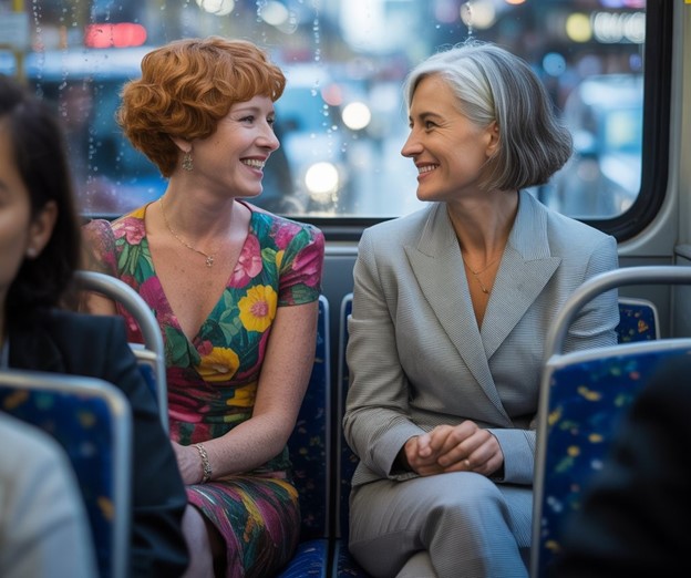 two strangers happily talking on a city bus