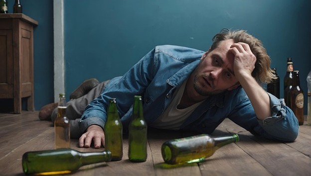a depressed alcoholic on the floor among bottles