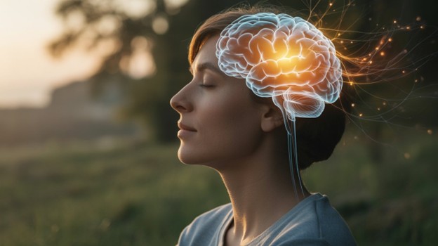 A woman meditating, showing the activation in her brain