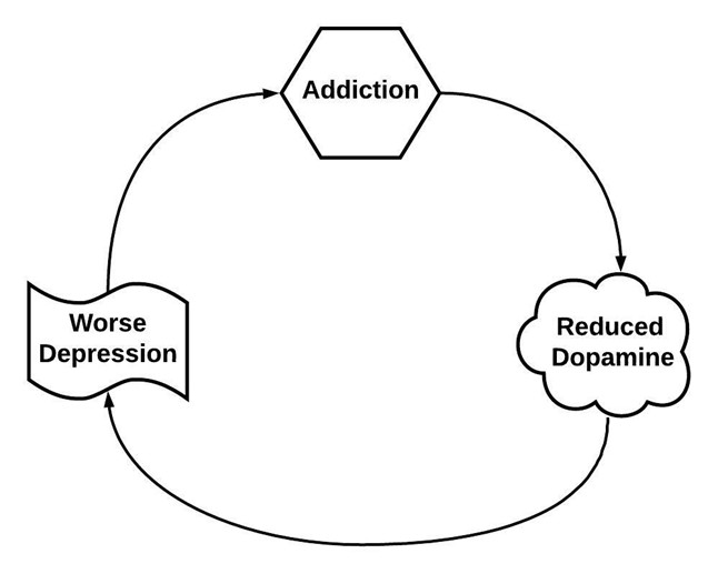 a feedback loop showing how addiction leads to reduced dopamine and worse depression