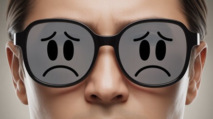 someone wearing glasses where the lenses are unhappy faces