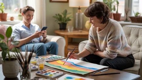 two happy people in a living room, one painting and the other on their phone